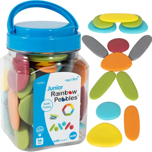 EDX Education - Junior Rainbow Pebbles - Earth Colours - 36pcs Jar - 3 Shapes, 6 Colours