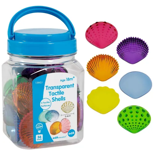 EDX Education - Tactile Shells - Transparent - 6 Tactile Surfaces & Colours - Large - Activity Guide - 36pcs Jar